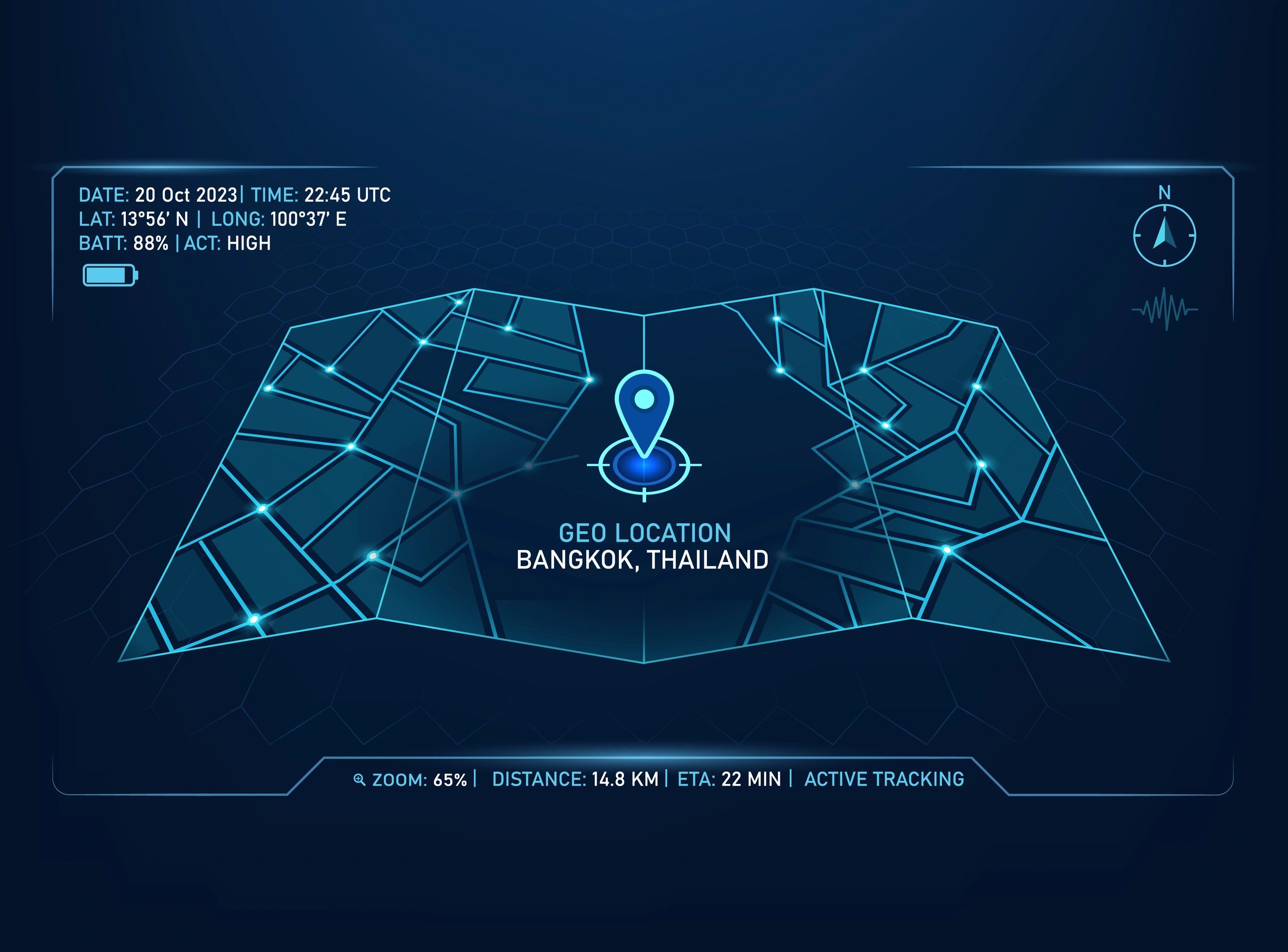 Futuristic blue radar interface with coordinate details